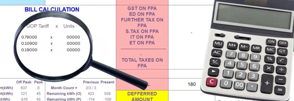 Magnifying glass showing electricity tariff rates and units with a calculator placed on an IESCO bill for accurate bill calculation